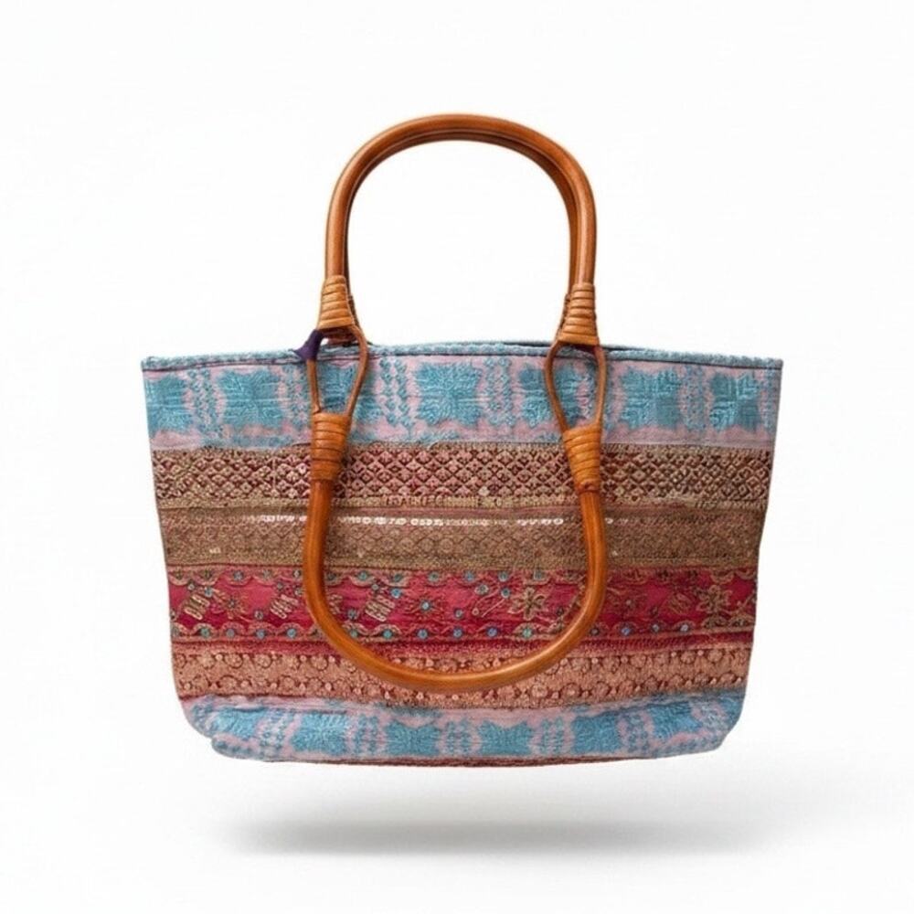 Boho Embroidered Patchwork Tote Bag Wooden Handles Sequin Festival Purse Hippie